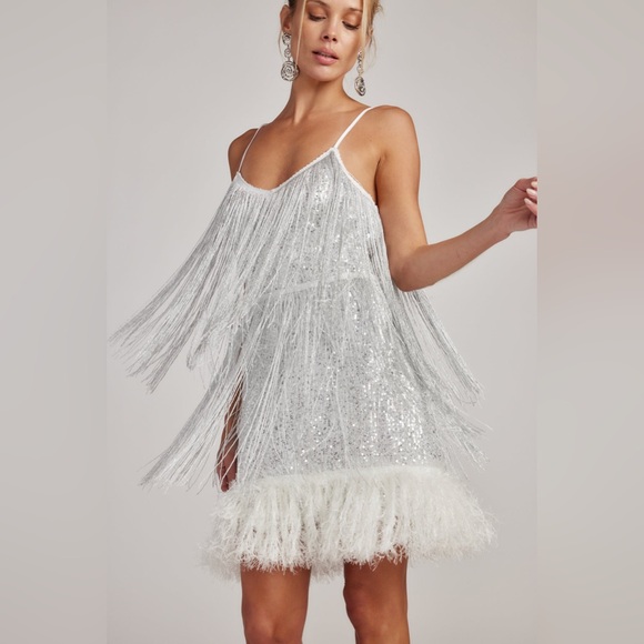 NWT- 12th TRIBE Disco Fever Silver Fringe Mini Dress - Picture 2 of 15